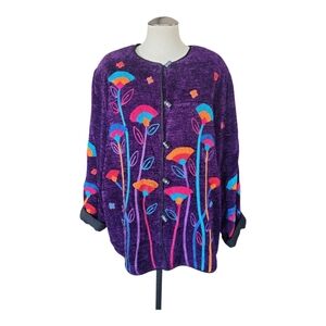 VTG Indigo Moon Embroidered Jacket – Floral Wearable Art, Colorful Zip, Size L